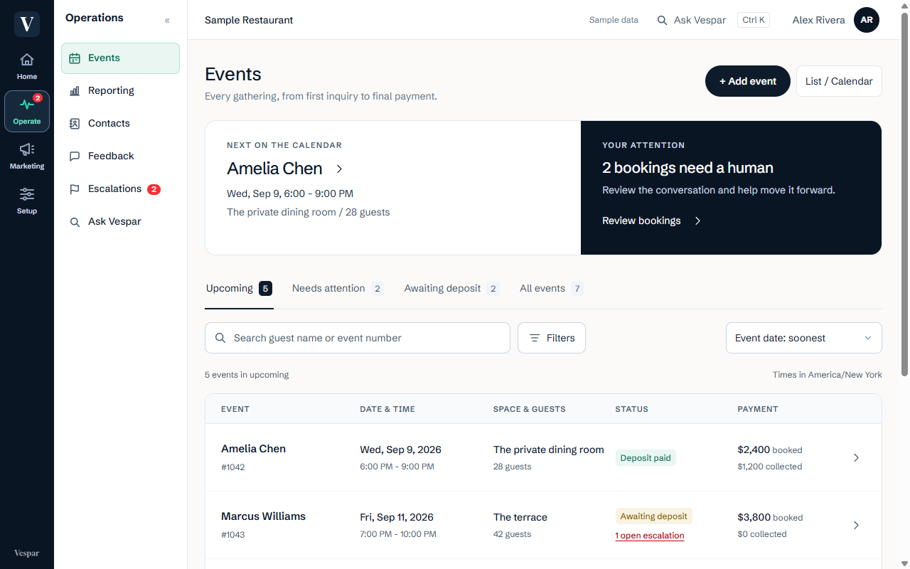 Vespar's Events workspace showing example event records, booking stages, and a booking-value chart