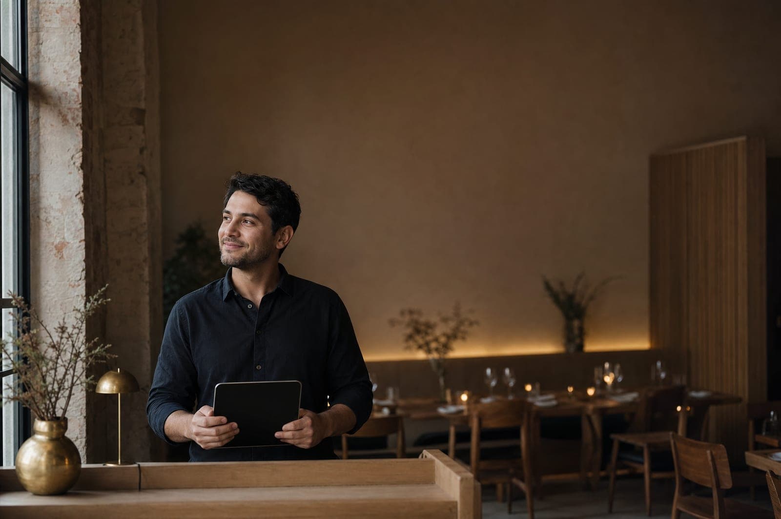 A floor manager at the host stand in the early evening, tablet in hand, looking toward the door