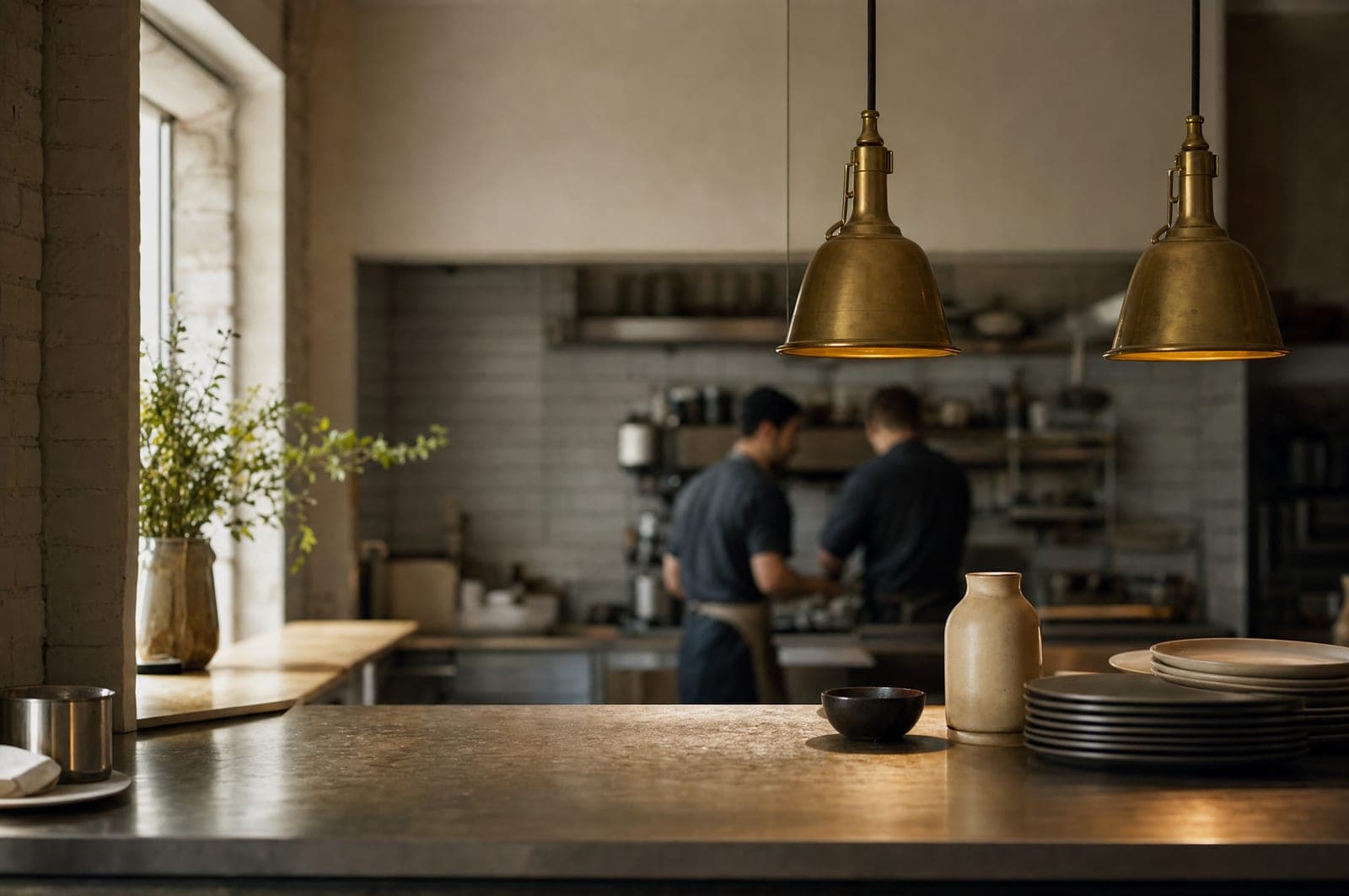 A kitchen pass at the end of service, brass lamps still lit over the counter, two cooks out of focus beyond it