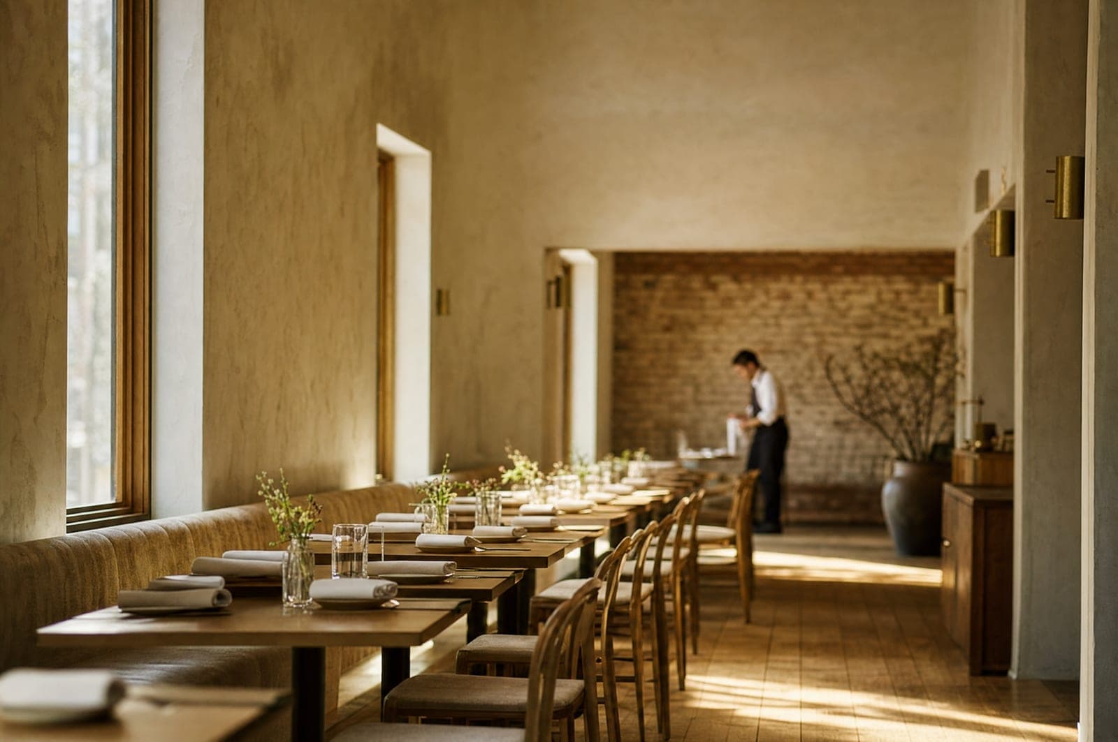 A long dining room at four in the afternoon, tables set and empty before service, one server folding napkins at the far end