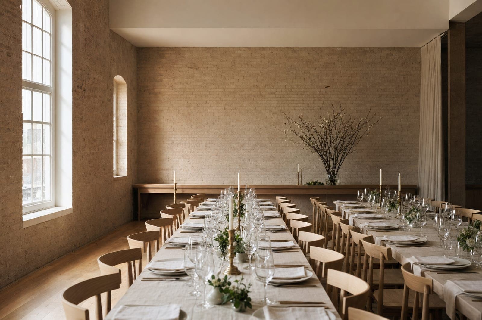 A private dining room set for thirty-five and waiting for them, long tables in pale oak with linen runners