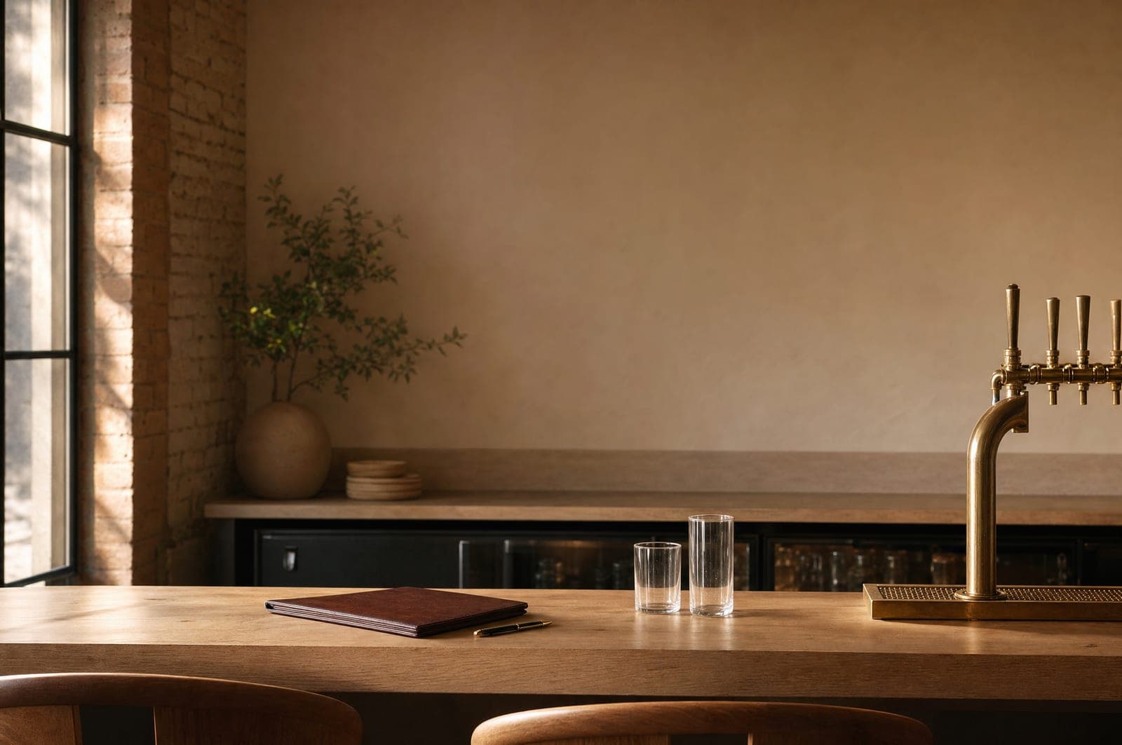 A restaurant bar at closing time: a closed leather bill folder and a pen on the pale oak bar top, two water glasses, a brass tap, and evening light from the window