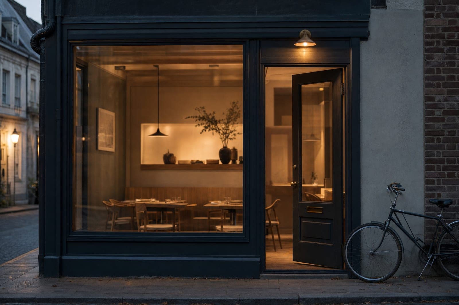 A small restaurant's front door at dusk, the door ajar and the dining room lit warm inside, a bicycle leaning on the wall outside